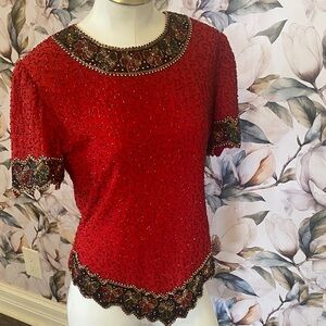Laurence Kazar Red Beaded Blouse with Gold Accents